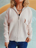 Women's Solid Color Zip Up High Neck Faux Pockets Cardigan Sweater