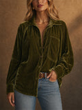 Women Velvet Oversized Button Down Long Sleeve Shirts