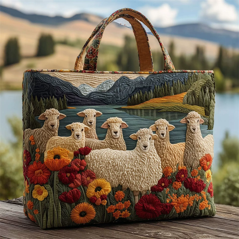 Floral Sheep Nature Scene Design Canvas Tote Bag