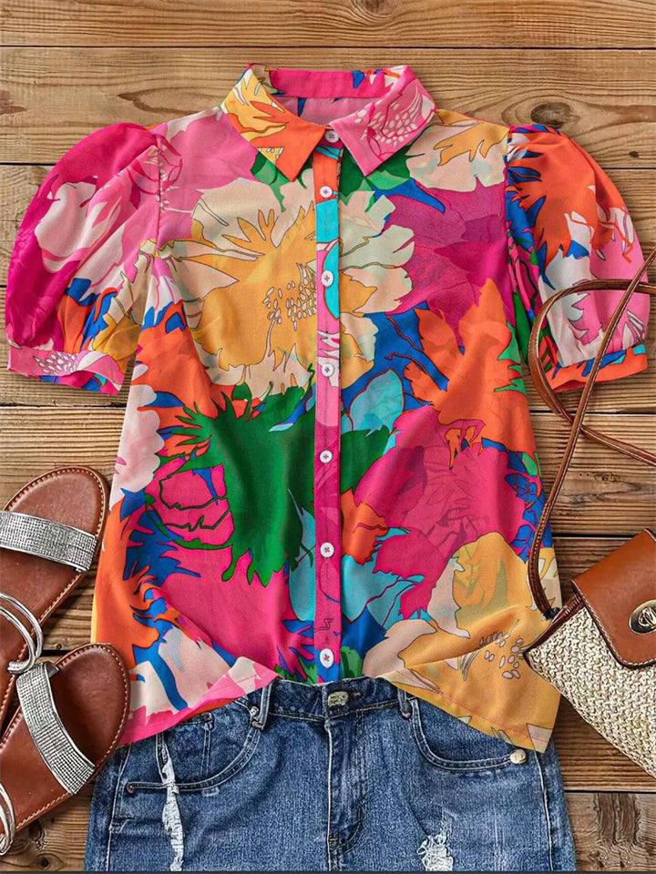 Women's Trendy Contrast Color Flowers Printed Lapel Short Sleeve Blouses