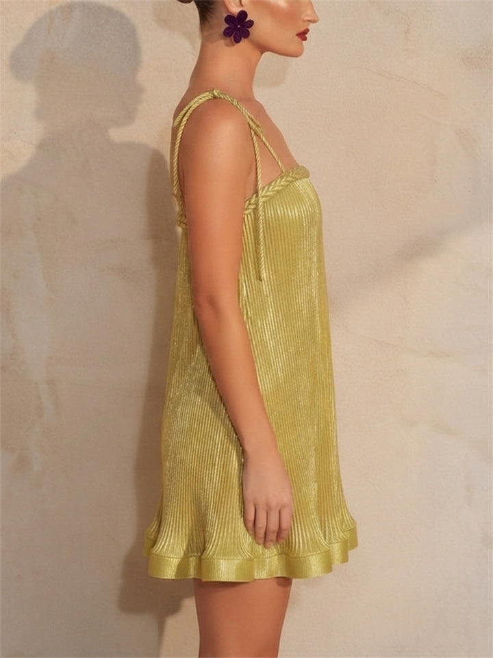 Women Gold Metallic Pleated Tie Shoulder Mini Party Dress