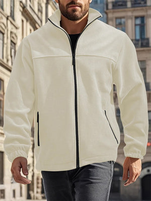 Men's Simple Casual Solid Color Zipper Stand Collar Fleece Coats