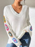 Ladies' Autumn Trendy V Neck Crochet Long Sleeve Sweaters