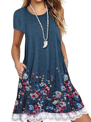 Loose Lace Round Neck Short Sleeve Print Dress