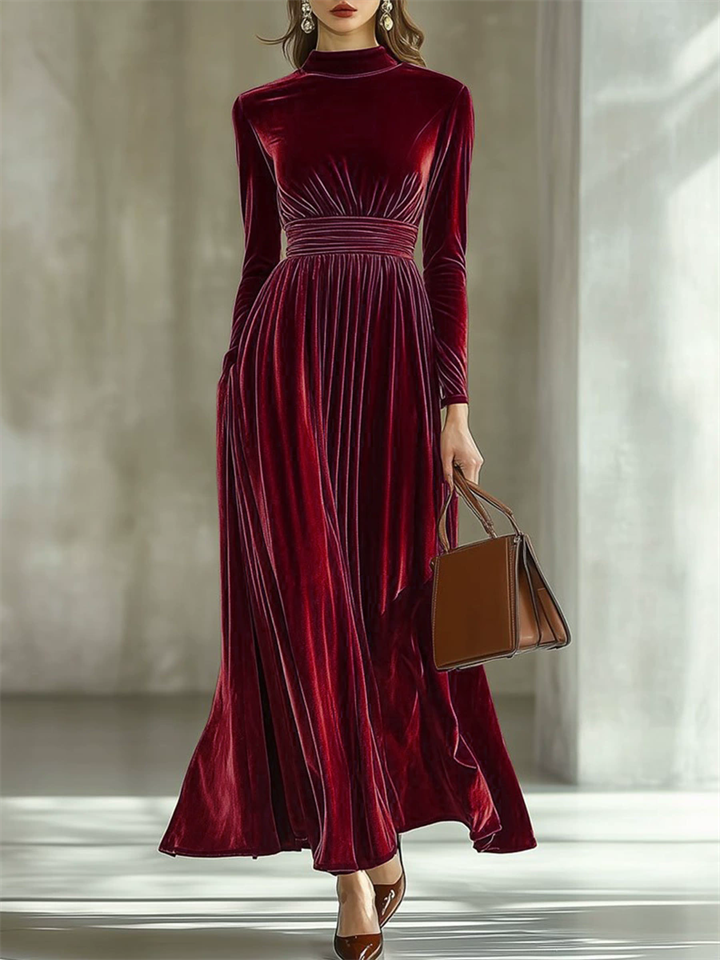 Women's Elegant Semi-high Neck Slim-fit Pleated Velvet Long Dress