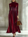 Women's Elegant Semi-high Neck Slim-fit Pleated Velvet Long Dress