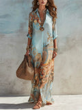 Womens Elegant Baroque Print Maxi Button Down Shirt Dress