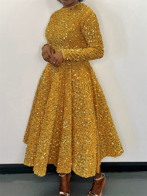 Women's Sequined Long Sleeve Big Hem Maxi Dress