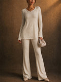 Women Ribbed Knit 2 Piece Lounge Long Sleeve Top and Flare Pants Set