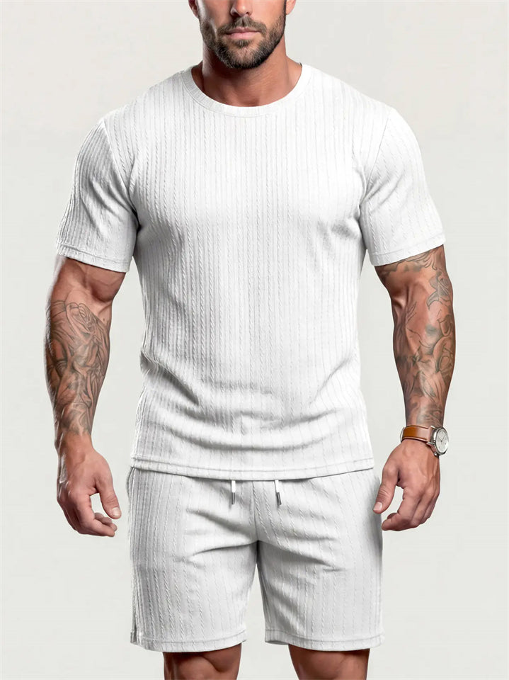 Men's Summer Ribbed 2 Piece Drop Shoulder Short Sleeve Casual Outfit