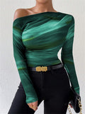 ‌Women's Marble Print Off One-Shoulder Long Sleeve Shirts