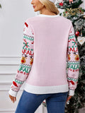 Women's Pink Sweet Style Jacquard Round Neck Long Sleeve Christmas Sweaters