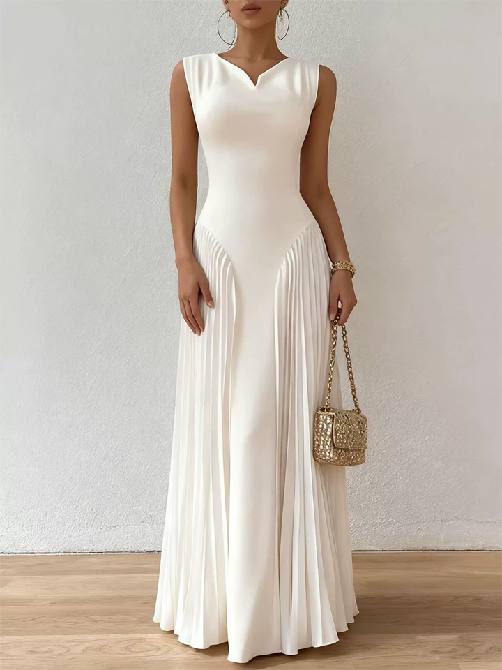 Summer White Slim Fit Pleated V Neck Sleeveless Maxi Dress for Women