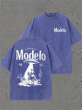 Unisex Modelo Vintage Acid Wash UFO Cowboy Graphic T Shirts