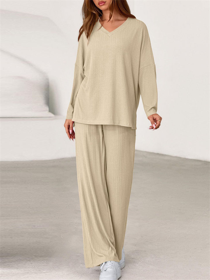 Women's Simple V Neck Long Sleeve Loose Fit Comfy Top and Pants Set