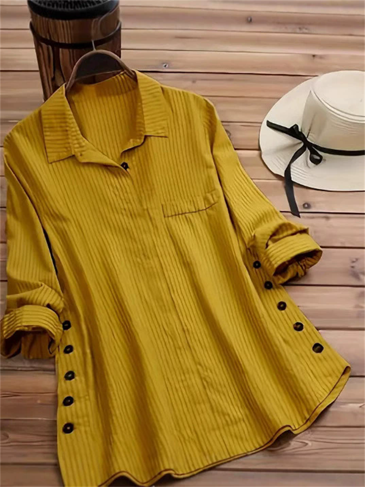 Women's Simple Lapel Striped Long Sleeve Blouse with Buttons