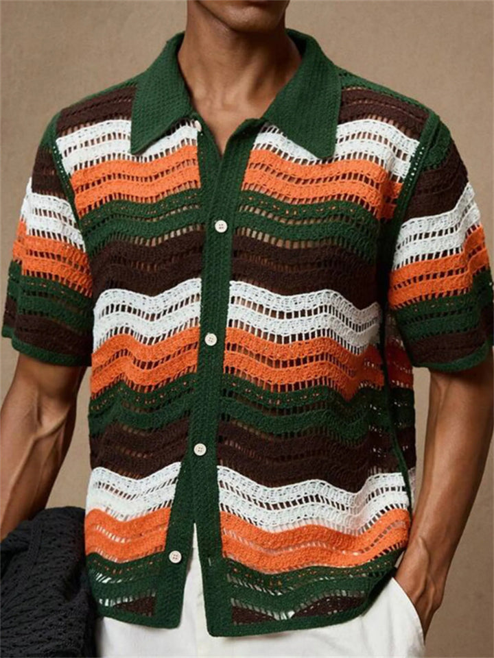 Male's Summer Retro Contrast Color Striped Crochet Lapel Knitted Shirts
