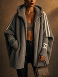 Women Oversized Faux Fur Striped Zip Up Hooded Jackets