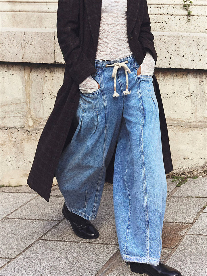 Women's Trendy Drawstring Low Waist Pockets Wide Leg Denim Pants