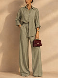Women 2 Piece Button Down Striped Shirt and Wide Leg Pants Set
