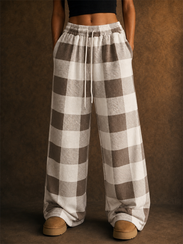 Women Plaid Baggy High Waist Drawstring Lounge Wide Leg Pants