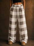 Women Plaid Baggy High Waist Drawstring Lounge Wide Leg Pants