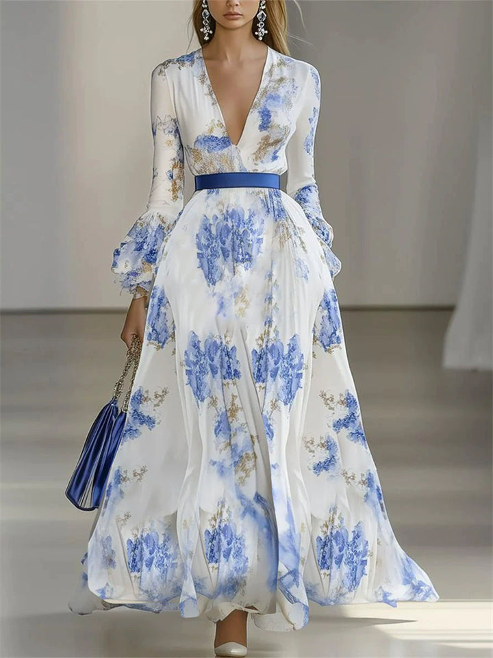 ‌Women's Holiday Style Elegant V Neck Tie-Waist Floral Print Dress‌