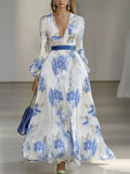 ‌Women's Holiday Style Elegant V Neck Tie-Waist Floral Print Dress‌