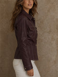 Womens Burgundy Faux Leather Contrast Stitch Button Jackets