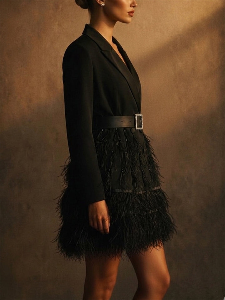 Women Black Feather Trim Party Blazer Dress with Rhinestone Belt