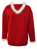 ‌Women's  V Neck Pullover Faux Fur Trim Sweater‌s