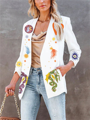 Women's White Slim Fit Print Small Suit Jacket for Summer