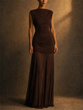 Women Ruched Draped Mesh Patchwork Formal Evening Maxi Dress