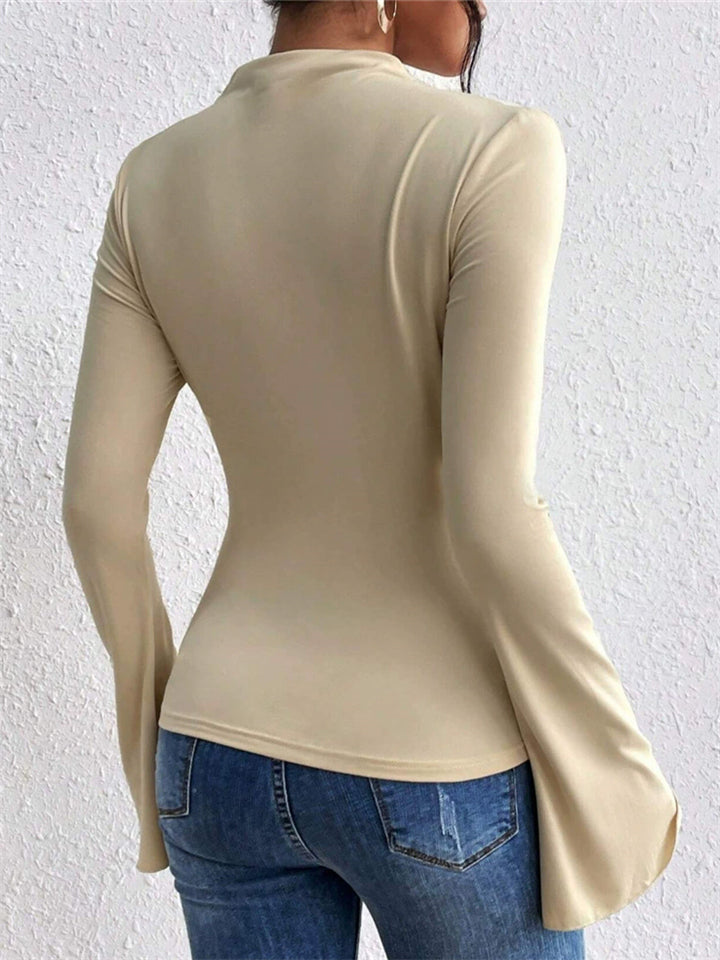 Women's Solid Color Pleated Flared Sleeve Stand Collar Slim Fit Shirt