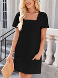 Women's Solid Color Square Neck Pockets Mini Dress