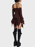 Irregular Hem Hollow Shoulder Long Sleeve Gothic Mini Dress for Women