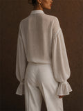 Womens Sheer Bow Tie Puff Sleeve Textured Button Up Blouse