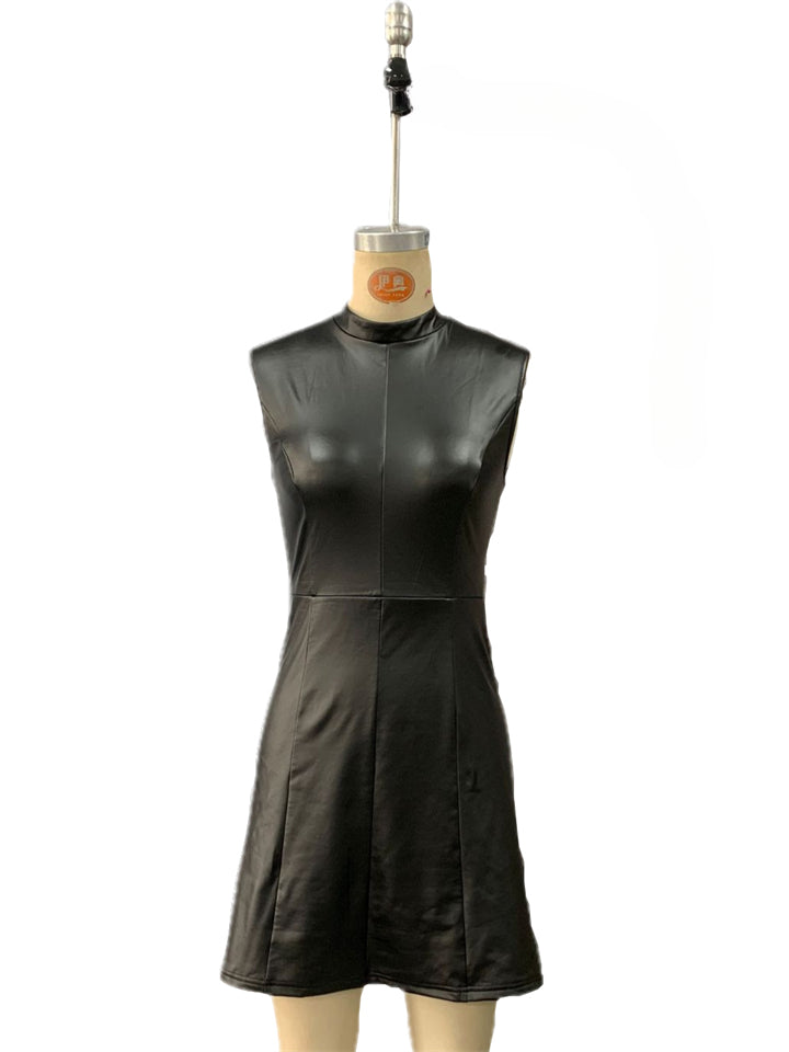 Women's Trendy All Black Stand Collar Sleeveless Tank Dress