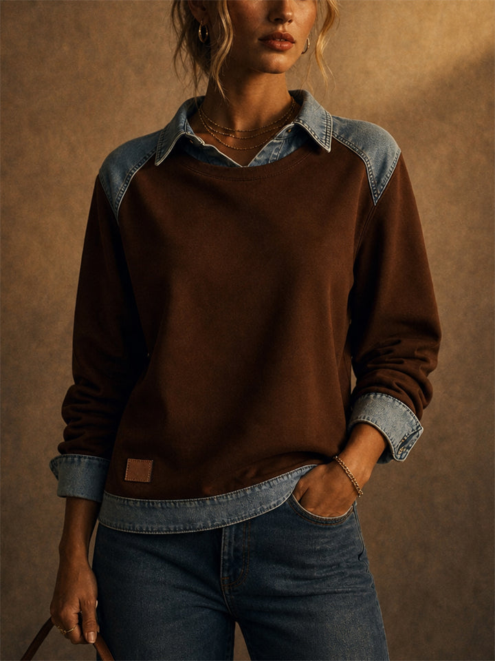 Women 2 in 1 Layered Pullover Denim Patchwork Collar Top