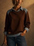 Women 2 in 1 Layered Pullover Denim Patchwork Collar Top