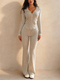 Women Ribbed Knit 2 Piece Set Zip Up Top Flare Pants Tracksuit