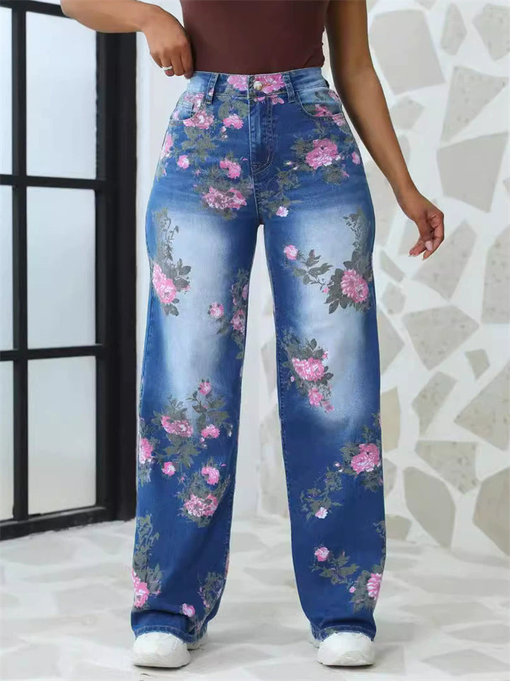 Women's Casual Flowers Print High Waist Wide Leg Denim Pants