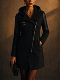 Women Quilted Sleeve Hooded Moto Coat with Asymmetric Zip