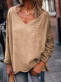 Women's Summer Casual Distressed Solid Color V Neck Long Sleeve Shirts