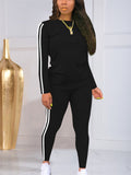 Women's Casual Side Striped Round Neck Long Sleeve Top and Fitted Pants Set
