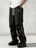 Mens Casual Streetwear Wide Leg White Side Stripe Letters Track Pants