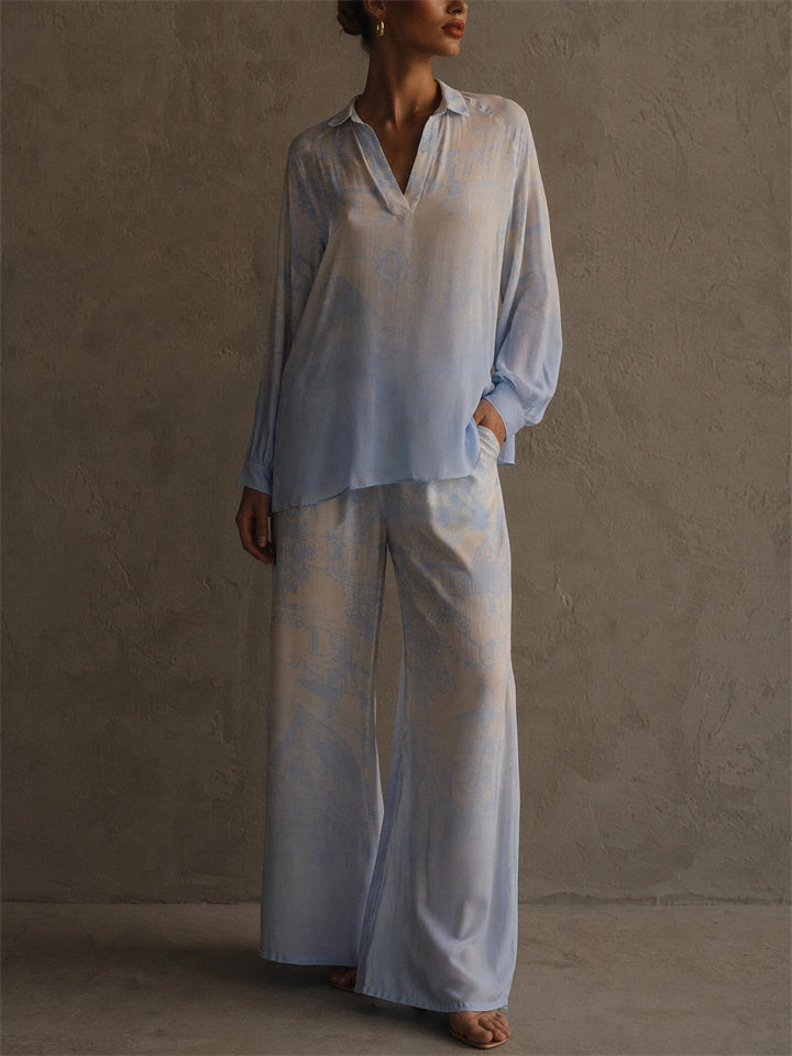 Womens Toile Print Wide Leg Flowy Two Piece Lounge Set