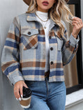 Women's Causal Contrast Color Plaid Pockets Waist Length Coat
