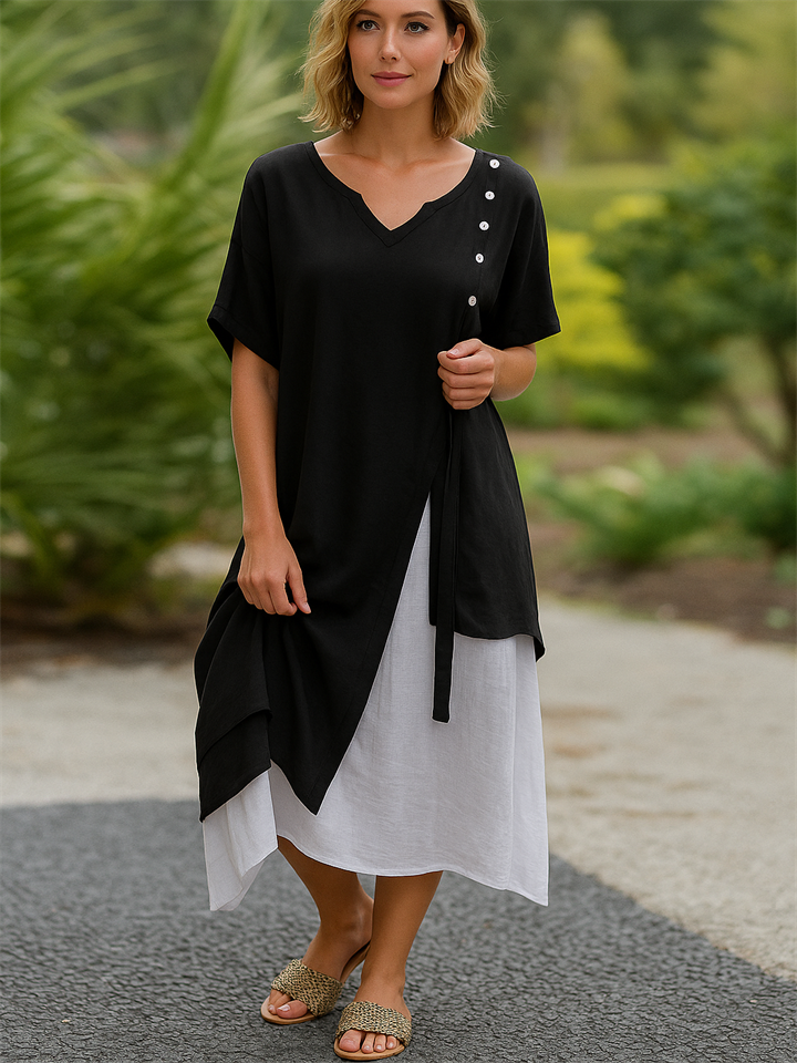 Country Style V Neck Short Sleeve Irregular Hem Dress for Women