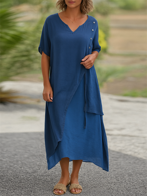 Country Style V Neck Short Sleeve Irregular Hem Dress for Women